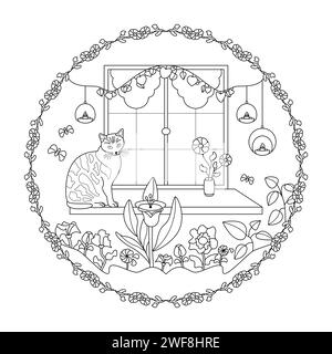 Mandala. Cute cat on a windowsill with flowers, candles and butterflies. Coloring page. Vector illustration. Stock Vector