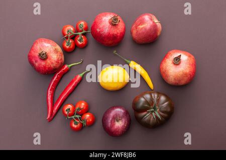 various fruits and vegetables on brown background Stock Photo