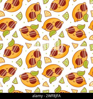 Cool lemons in sunglasses, a cute retro cartoon character. Groovy vintage summer seamless pattern. Trendy old style. 1970s. Tropical exotic fruits. He Stock Vector