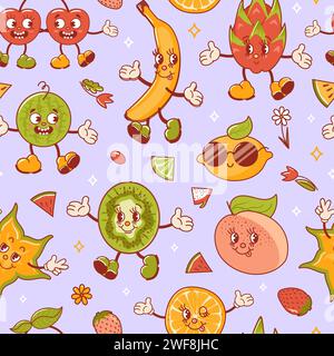 Tropical exotic fruits. Old retro cartoon character. Groovy vintage summer seamless pattern. Fresh lemon, lime wedges, watermelon, pitahaya dragon, st Stock Vector