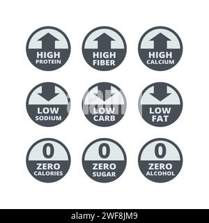 High protein, fiber and low sugar vector labels. Zero alcohol and calories label set. Stock Vector