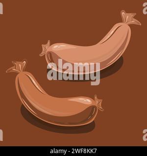 Two brown stylized sausages with tails, with highlights and shadows on dark brown background. Food. Vector Stock Vector