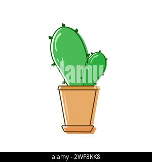Spiny green cactus with branch in brown pot with outline. Dark prickles and highlights with shadows. House plant. Illustration. Vector Stock Vector