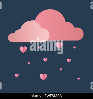 Two pink wavy clouds on dark blue background with rain of pink hearts of different sizes. For Valentine s Day. Celebration of love. Vector Stock Vector