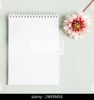 Composition with opened blank notepad and dahlia flowers on a gray background. Birthday greeting card, Valentine's Day, Mother's Day Stock Photo