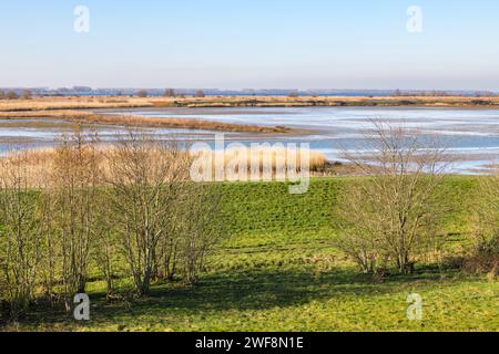 View over the nature reserve Beningerslikken, The Spui and Haringvliet near Zuidland on Voorne-Putten in the southwest of The Netherlands. Stock Photo