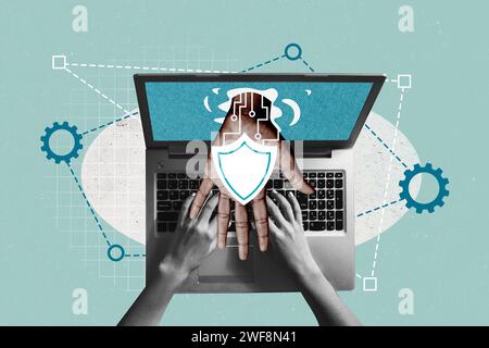 Sketch collage picture of arms programming code modern device isolated graphical teal turquoise color background Stock Photo