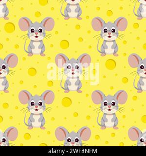 Vector seamless pattern. Cute mice on a background of cheese holes. Stock Vector