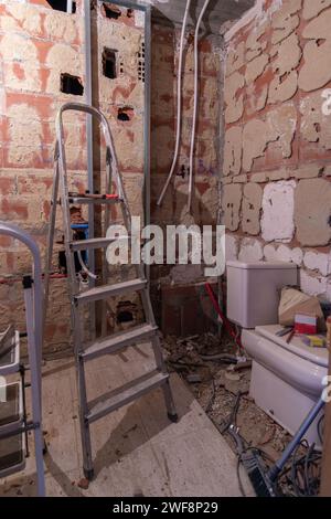 A bathroom undergoing renovation with peeling walls, debris on the floor, tools and a ladder with a dismantled toilet. Home renovation concept Stock Photo
