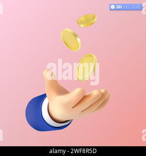3d hand and Gold Coin Icons Set symbol. Rotating Empty Golden Money Sign. Income, Savings, Investment, Wealth. Business Success concept. 3D vector iso Stock Vector