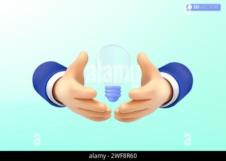 3d hand shielding protect light bulb icon symbol. inspiration, brainstorm, development, intellectual property, idea icon metaphor concept, 3D vector i Stock Vector