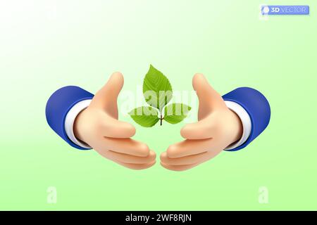 3d hand protect Light bulb transparency and green leaf icon symbol. develop environment, ecology, idea metaphor. ecology concept. 3D vector isolated i Stock Vector