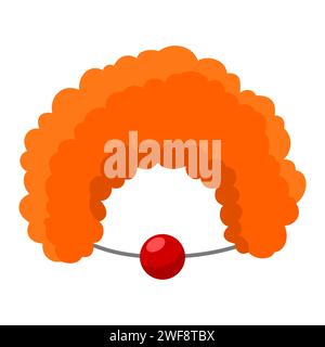 Clown orange curly wig and red nose with threads flat style. Children carnival costume, props for masquerade, holiday party. Photo booth prop. Vector Stock Vector