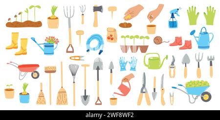 Big set of hand drawn garden elements. Cartoon flat illustration of farm equipment, agriculture items Stock Vector