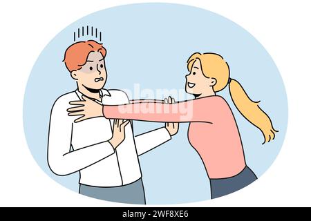 Happy woman in love show affection and attachment to frustrated man. Smiling girl stalking hugging confused male lover. Relationship concept. Vector illustration. Stock Vector