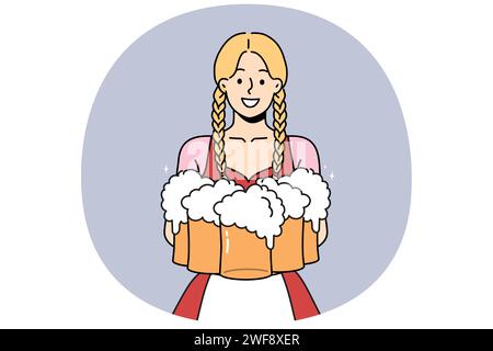 Smiling woman in traditional costume holding glasses of beers. Waitress serving drinks of German festival. Oktoberfest event. Vector illustration. Stock Vector