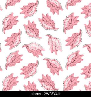 Seashell seamless pattern in line art style with pink color. Undersea repeat texture background. Summer ocean beach design for textile fabric design Stock Vector