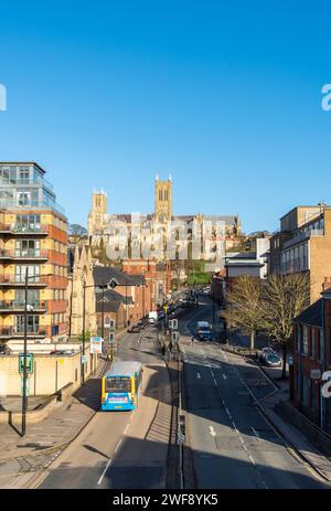 View along Broadgate road to Lincoln Cathedral, Lincoln City, Lincolnshire, England, UK Stock Photo