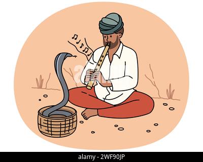 Man in turban playing on flute with cobra dancing in basket. Snake charmer play musical instrument for hypnotizing. Vector illustration. Stock Vector