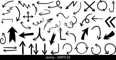 Doodle Style Set of Freehand Emphasis Arrows, Swirls, and Doodles. Elevate Your Infographics, Charts, and Presentations with these Playful and Informative Line Marks. Stock Vector