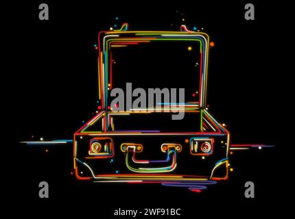 Colorful open suitcase, luggage sketch. Hand drawn vector illustration in colors over black background Stock Vector