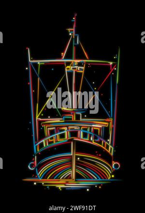 Front view of a fishing vessel, trawler or ship tug in colors over black  background.Stylized hand drawn vector illustration Stock Vector