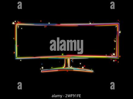 Front view of a ultrawide monitor Hand drawn stylized vector illustration in colors over black background Stock Vector