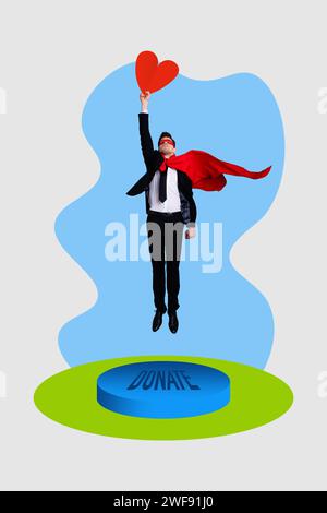Vertical funny photo collage with male superhero volunteer fly hold red heart ask to donate help ukraine support refugees fundraise money Stock Photo