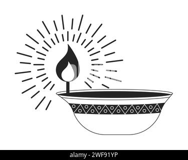 Indian diwali diya oil lamp black and white 2D line cartoon object Stock Vector