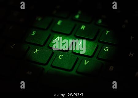 keyboard being illuminated with green light highlighting letters a i, close up Stock Photo