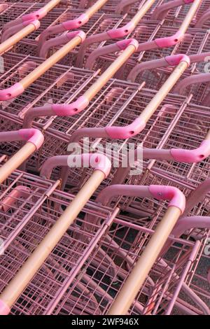 A group of numerous pink grocery carts arranged neatly in a row in a shopping center parking area. Stock Photo