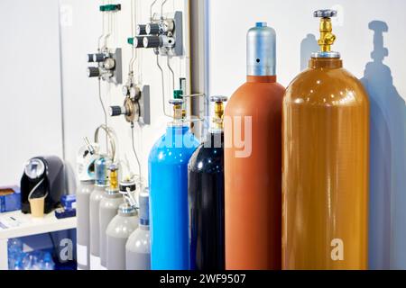 Gas cylinders and measuring equipment at the exhibition Stock Photo