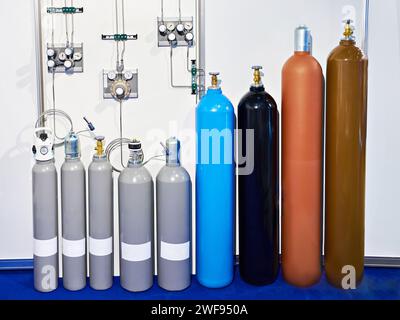 Gas cylinders and measuring equipment at the exhibition Stock Photo