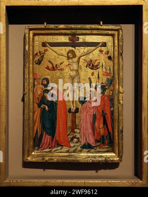 The Crucifixion. ca. 1320. Master of the Pomposa Chapterhouse. Tempera and gold on panel. Thyssen Museum. Madrid. Spain. Stock Photo