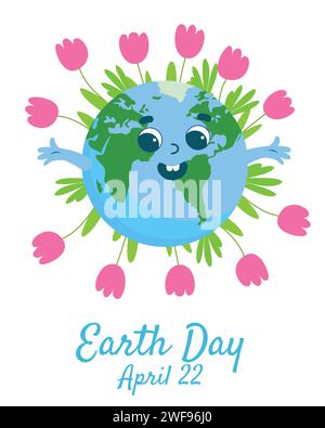 Earth Day greeting card. Planet Earth with a cheerful face is smiling joyfully with tulip flowers next to it. Stock Vector