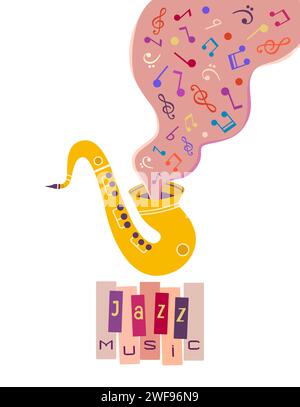 Saxophone Piano Jazz Music cute hand drawn vector icon. Sax, musical notes, Piano keyboard minimal cartoon design element illustration. Jazz Music Stock Vector