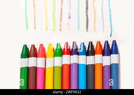 many colorful crayons isolated on white Stock Photo