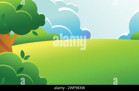 Green summer or spring landscape in cartoon style.Trees, bushes and clouds are illuminated by the sun. Stock Vector