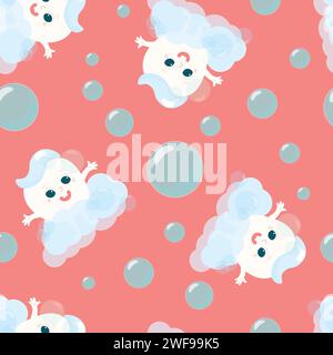 Seamless pattern healthy tooth in soap bubbles. Illustration in cartoon style. Stock Vector
