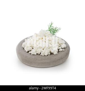 cottage cheese with herb on stone plate isolated on white background Stock Photo