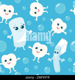 Seamless pattern of healthy happy baby teeth in soap bubbles together with friendly toothbrush and toothpaste. A pattern for textiles. Stock Vector