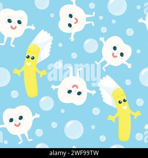 Seamless pattern of healthy happy baby teeth in soap bubbles together with a yellow friendly toothbrush. A pattern for textiles and for the Internatio Stock Vector