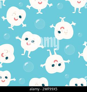 Seamless pattern healthy tooth together with transparent soap bubbles. Illustration in cartoon style. Stock Vector