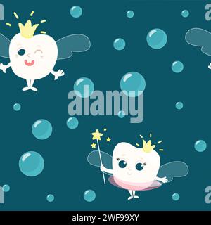 Seamless pattern healthy tooth with wings, crown and magic wand among the bubbles. This is the tooth fairy. Illustration in cartoon style. Stock Vector