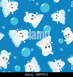 Seamless pattern of healthy happy baby teeth with toothpaste on head and in soap bubbles. A pattern for textiles. Stock Vector