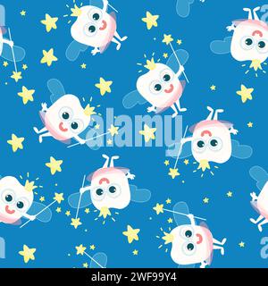 Tooth fairy seamless pattern. A healthy tooth with wings, a crown and a magic wand. Illustration in cartoon style. Stock Vector