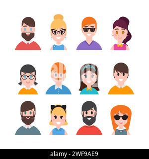 Male and female portraits. People avatars collection. Simple flat cartoon style. Men, boys, girls and women characters. Vector illustration Stock Vector