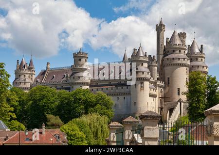 Pierrefonds, France - May 25 2020: The Pierrefonds Castle is an imposing castle located in the Oise department, in the Hauts-de-France region, on the Stock Photo