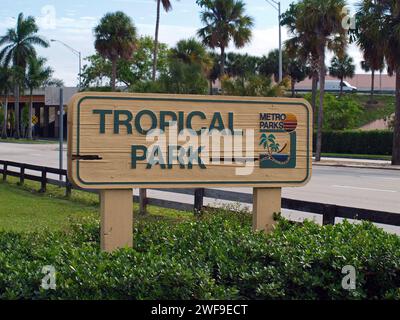Miami, Florida, United States - January 20, 2024: Sign at the entrance of the popular Tropical Park in West Miami. Stock Photo