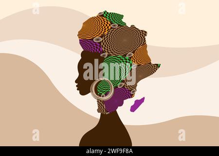 Concept of African woman, face profile silhouette with ethnic fabric turban in the shape of a map of Africa. Beauty Afro tribal logo design template Stock Vector